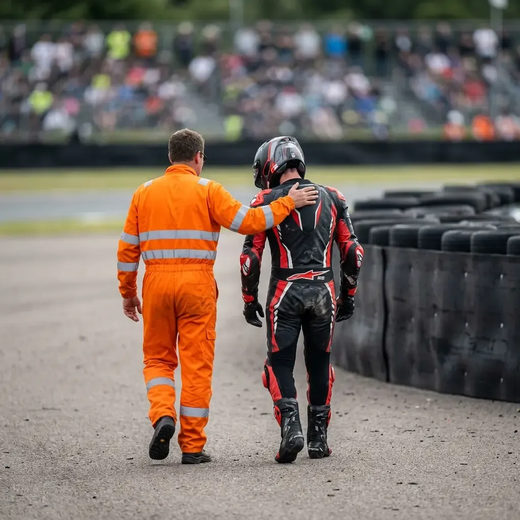 A marshal gives a thumbs-up signal to confirm a rider is okay after an incident.