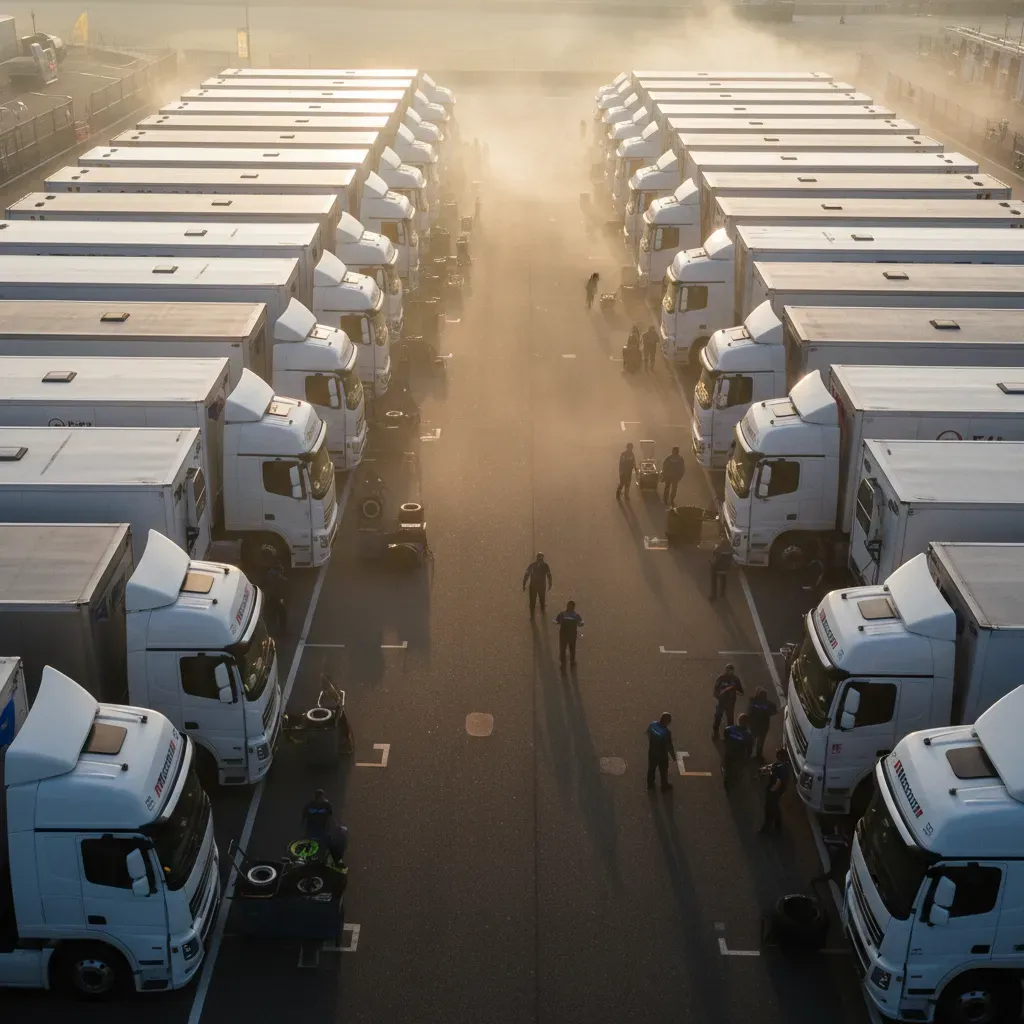 An overhead shot of a MotoGP paddock at dawn. Massive, unbranded team transporters are parked in perfect rows, their met