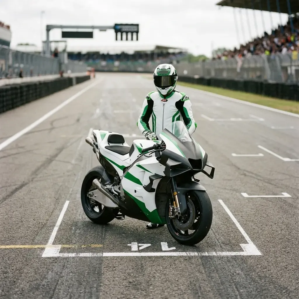 A wide, cinematic shot of several generic MotoGP bikes lined up on the starting grid. The focus is on the front row, wit