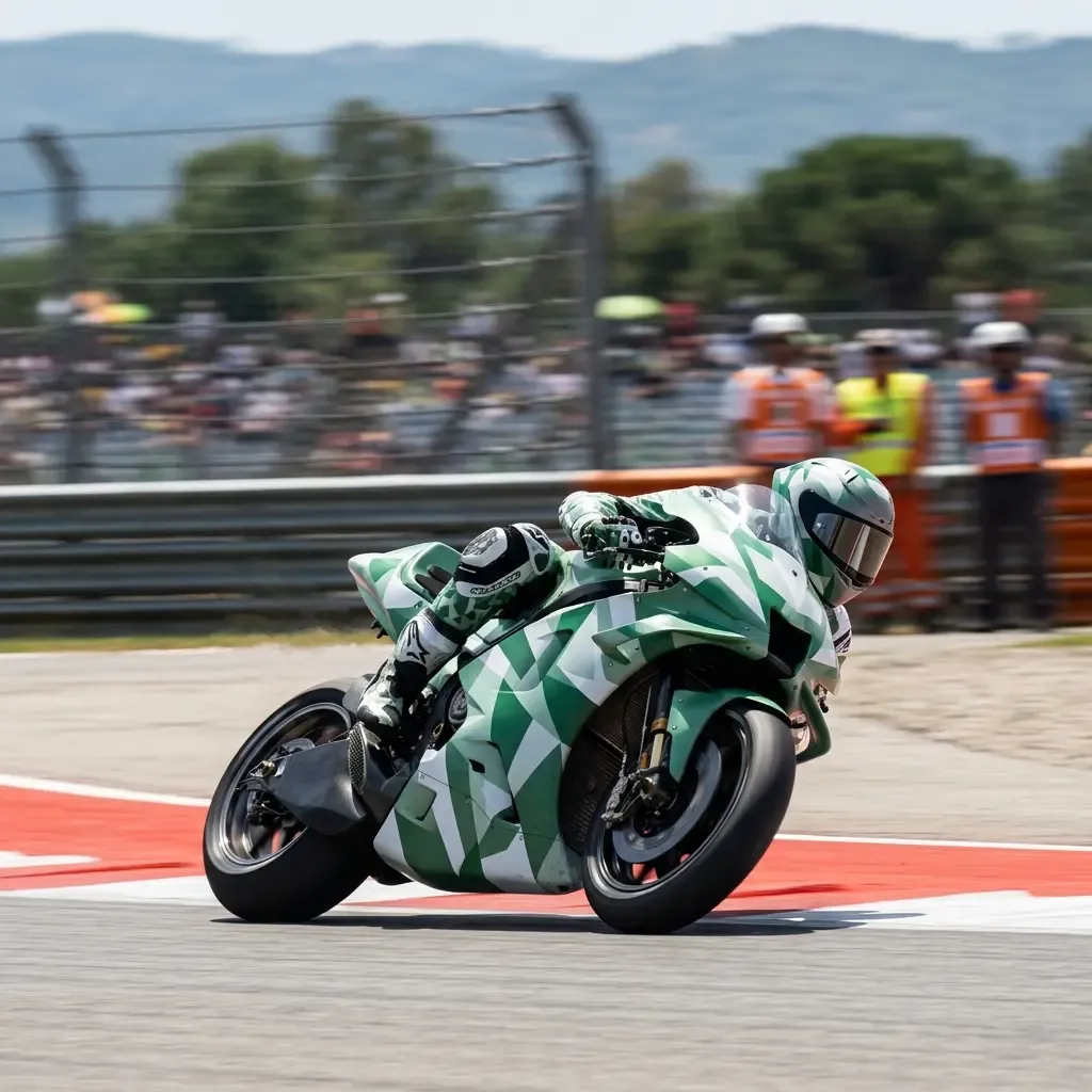 An action shot of two generic MotoGP riders leaning at an impossible angle through a fast corner, almost knee-to-knee. T
