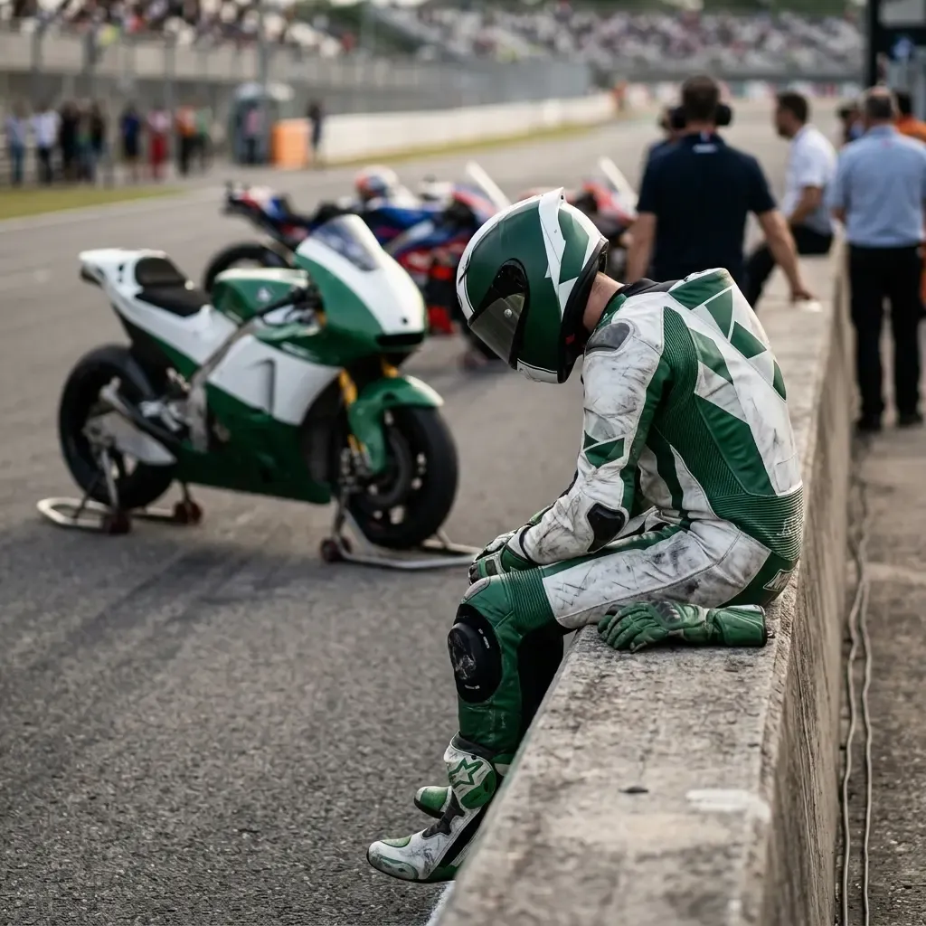 A lone, anonymous MotoGP rider standing in the parc fermé (the secure area where bikes are held after a race), helmet of