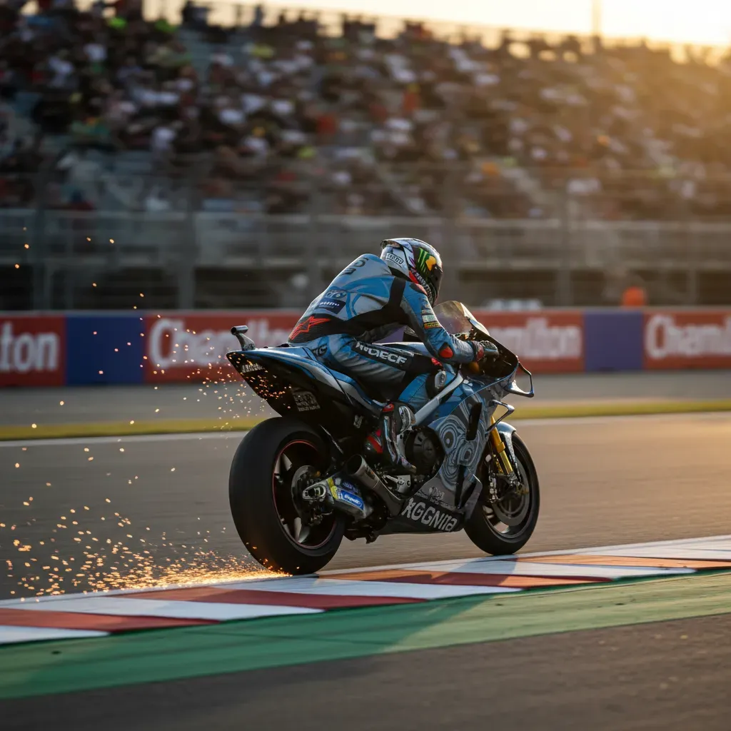 A dynamic action photo capturing the essence of a 'flying lap'. A MotoGP bike, in a striking blue and silver design, is 