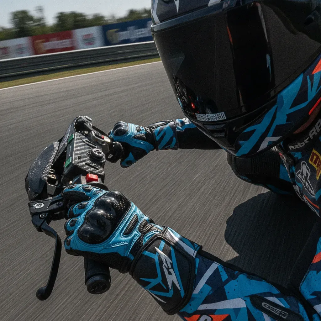 A close-up of a MotoGP rider's gloved hands gripping the handlebars and controls of their bike.