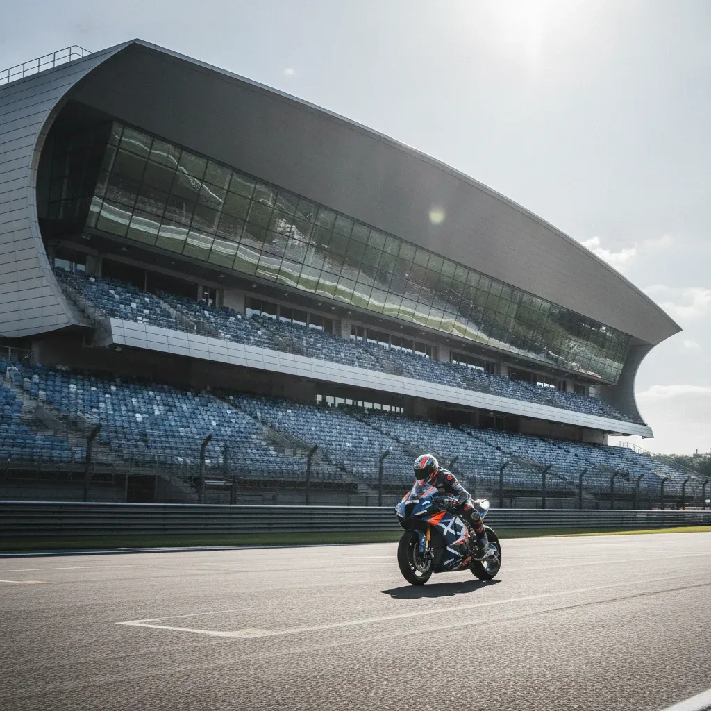 A view of the modern pit and paddock building at the famous Silverstone race circuit in the UK.
