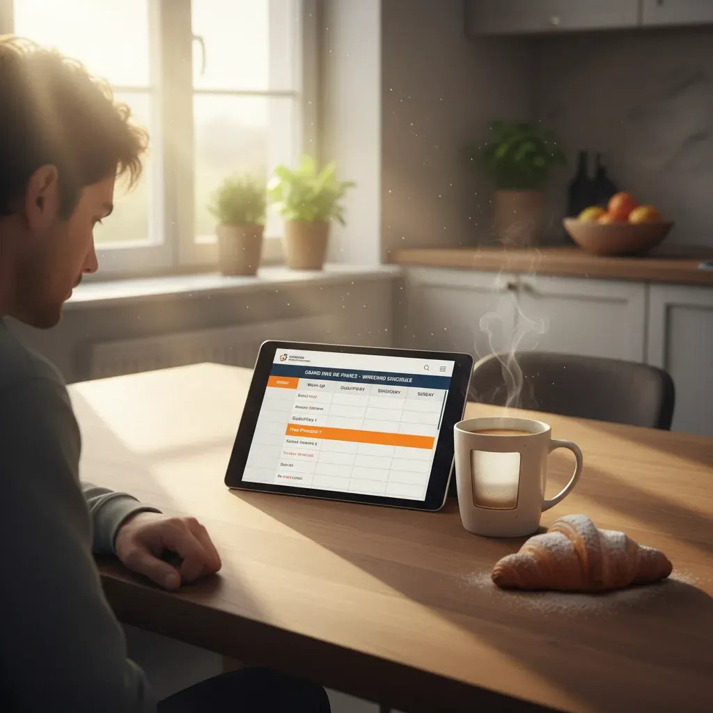 A bright, morning-lit scene from a high angle. A person is at their kitchen table with a tablet propped up next to a ste