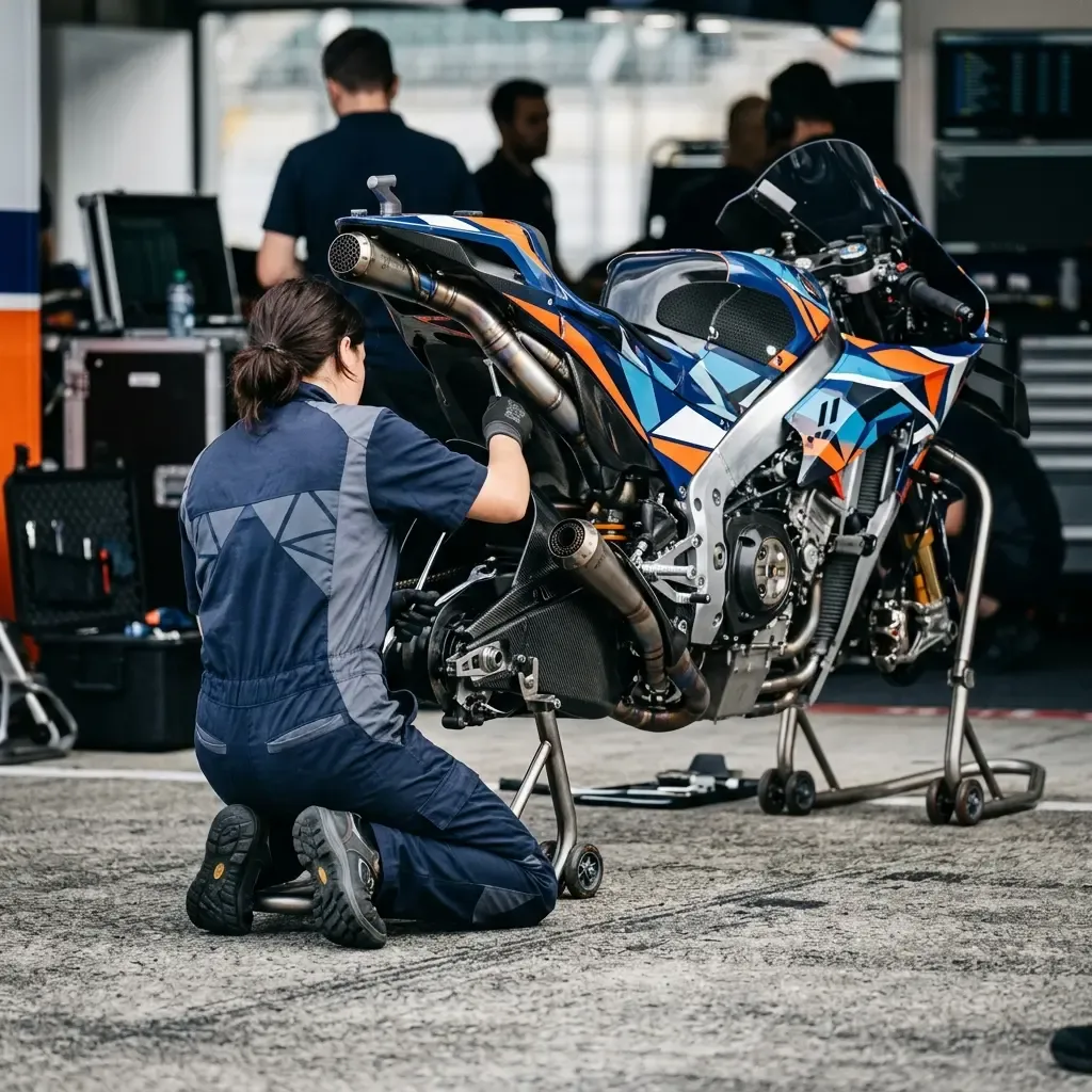 A close-up, macro-style shot of a mechanic's gloved hands carefully fitting a brand-new, gleaming carbon fibre part onto
