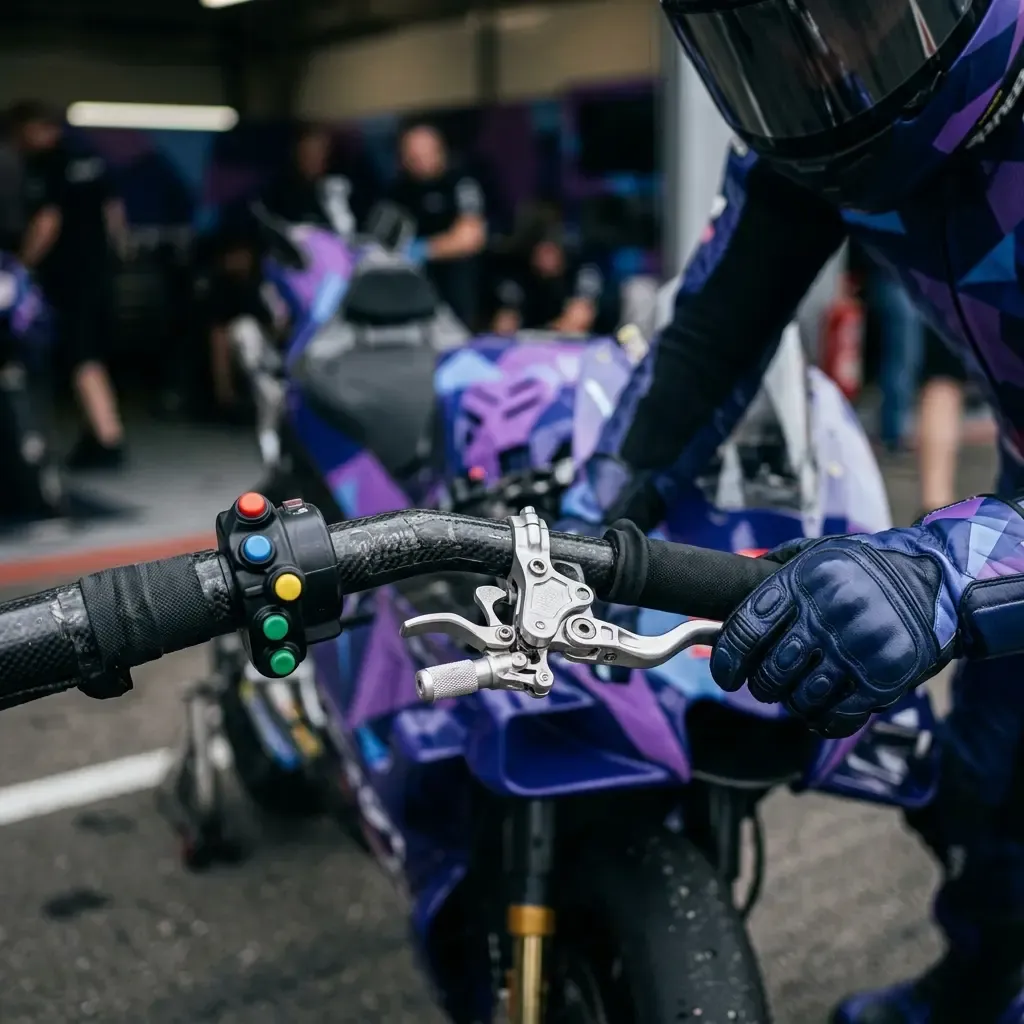 A tight, detailed shot of a rider's gloved hand on a complex MotoGP handlebar as they line up on the starting grid. The