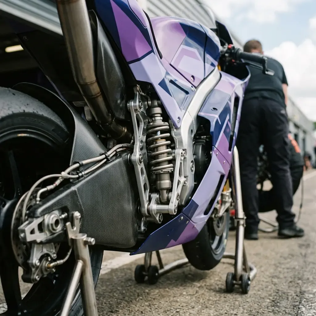 A dramatic side-profile action shot of two anonymous race bikes launching off the starting line. The bike in the foregro
