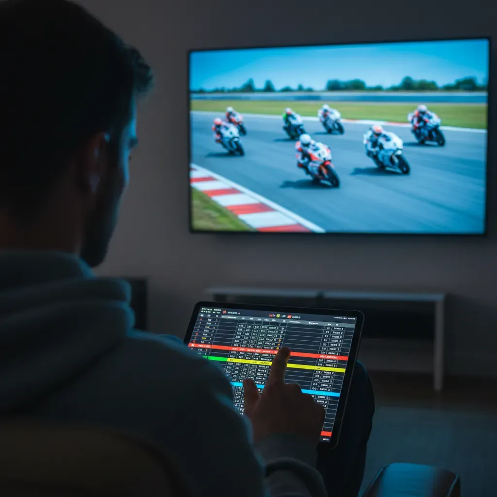 An over-the-shoulder shot of a fan deeply engrossed in a MotoGP race. The large TV screen in front of them is the main s