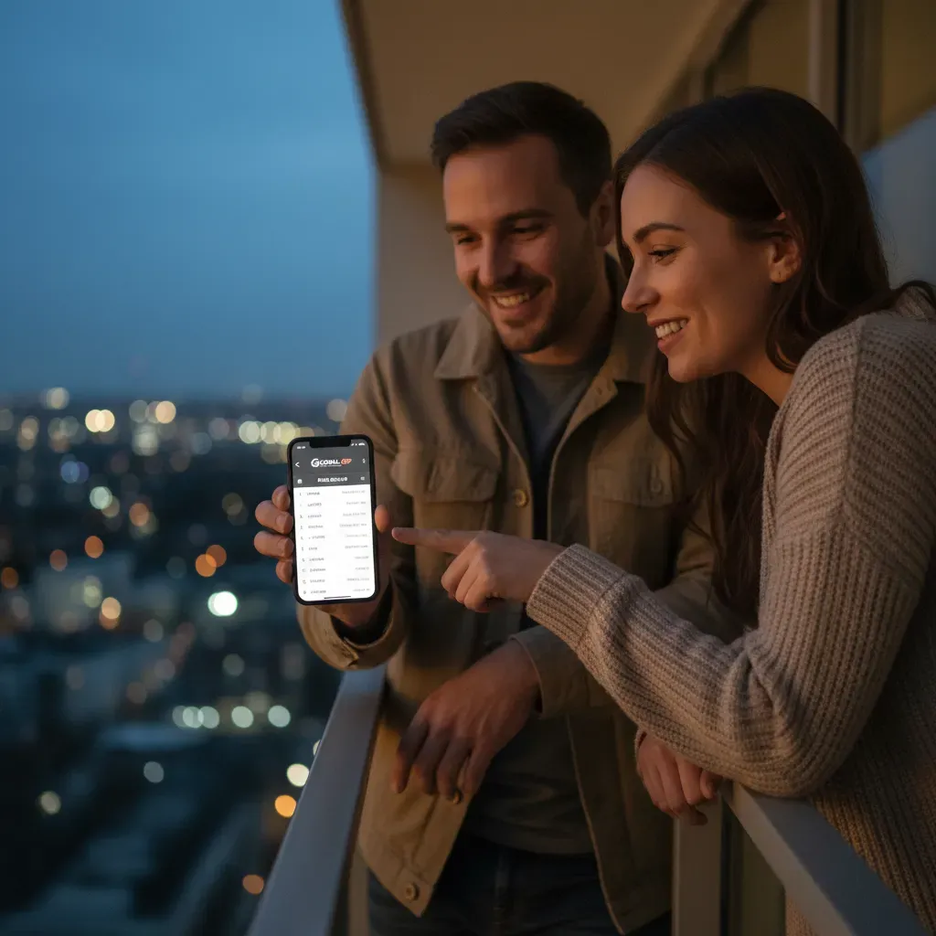 Two friends are enjoying a quiet moment on a modern apartment balcony at dusk, the city lights beginning to twinkle belo