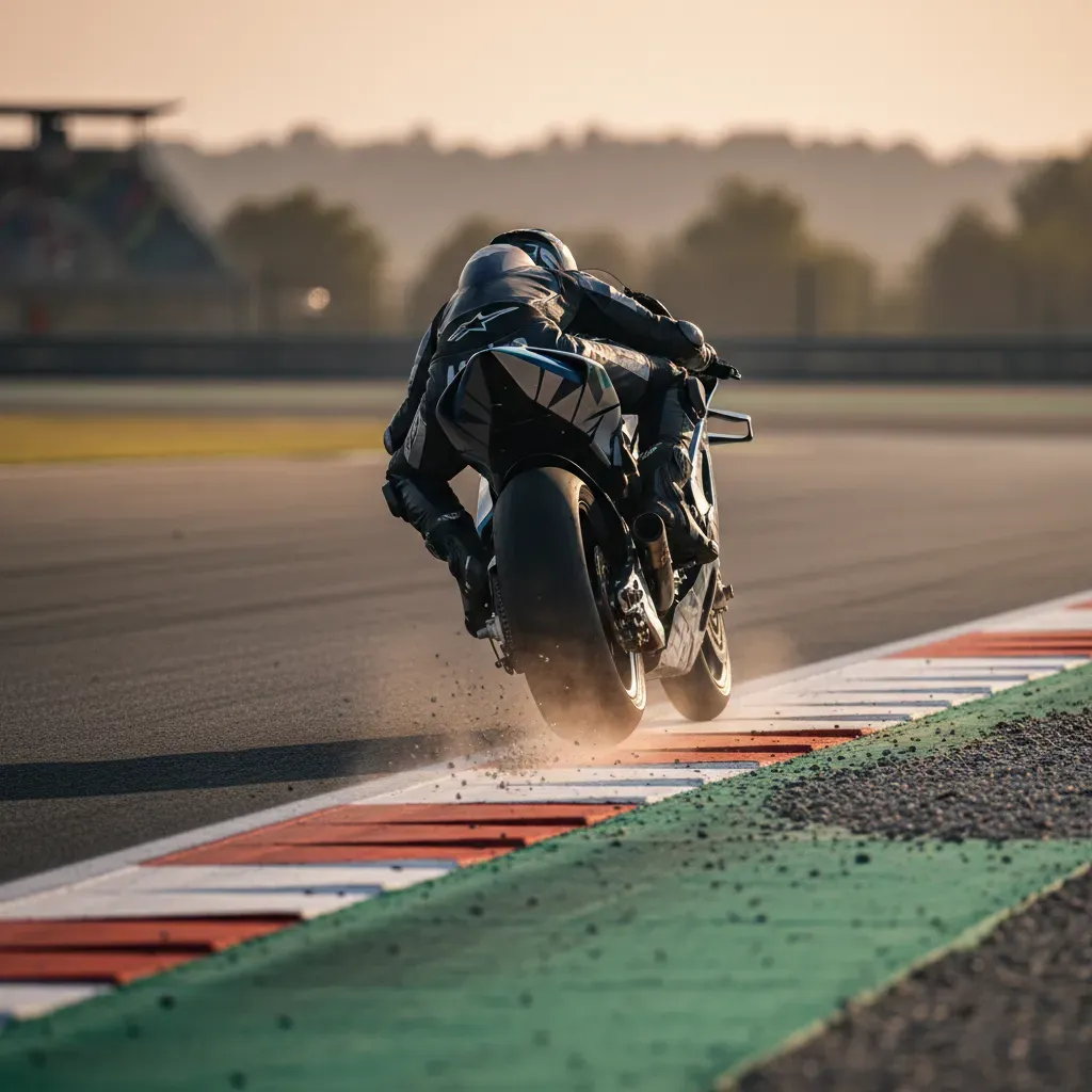 A wide shot from behind a MotoGP rider exiting a fast corner. The bike is leaned over, and the rear tyre is right on the