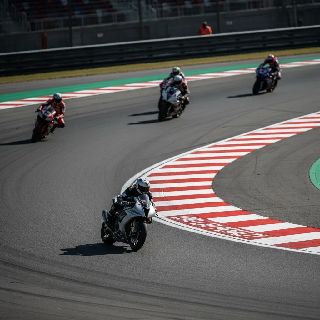 A high-angle shot focusing on a lone rider navigating a 'Long Lap Penalty' loop. The specially painted, looping detour i