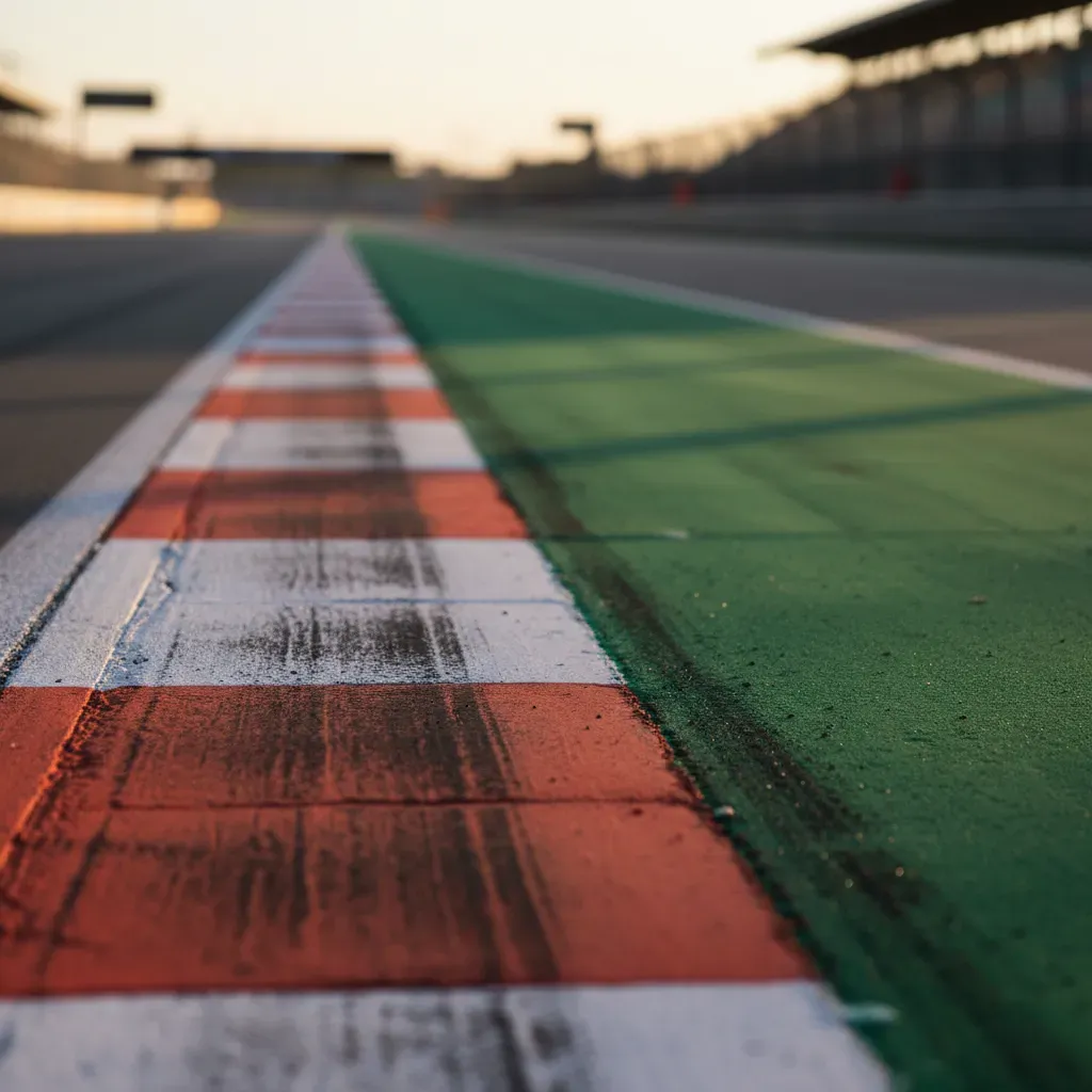 An atmospheric, ground-level close-up of a racetrack's edge after a race. The focus is on the textured detail of the pai