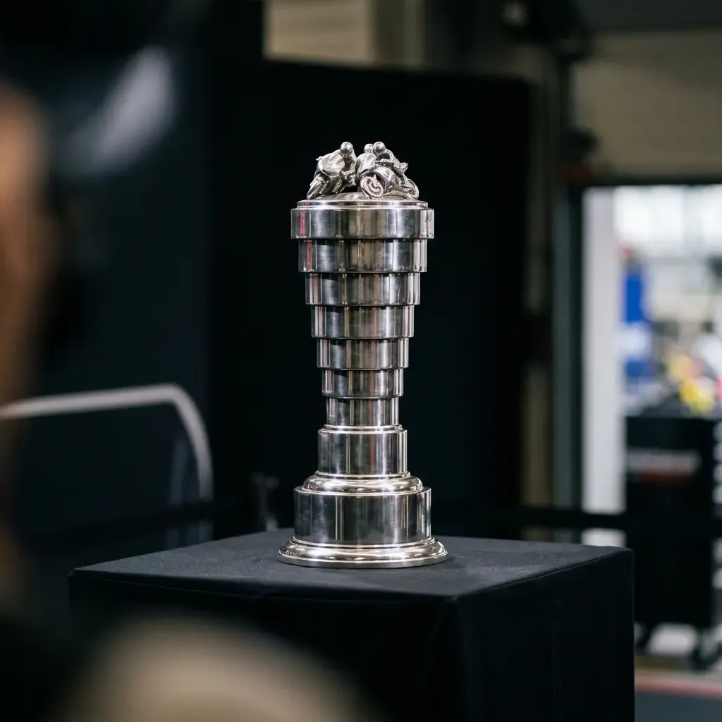 An illustration of a silver championship trophy displayed under a spotlight.