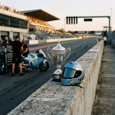 A MotoGP rider celebrating a Grand Prix win on the podium by lifting a large trophy.