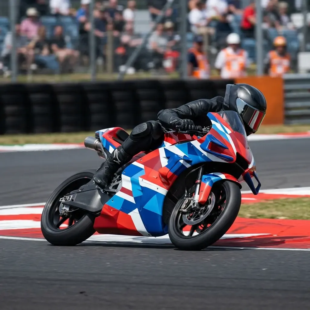 A low-angle trackside shot looking back at a tight pack of at least ten lightweight Moto3 motorcycles drafting each othe