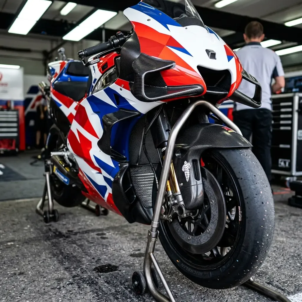 A rear three-quarter shot of a MotoGP prototype motorcycle exiting a slow corner under hard acceleration. The rear tyre 