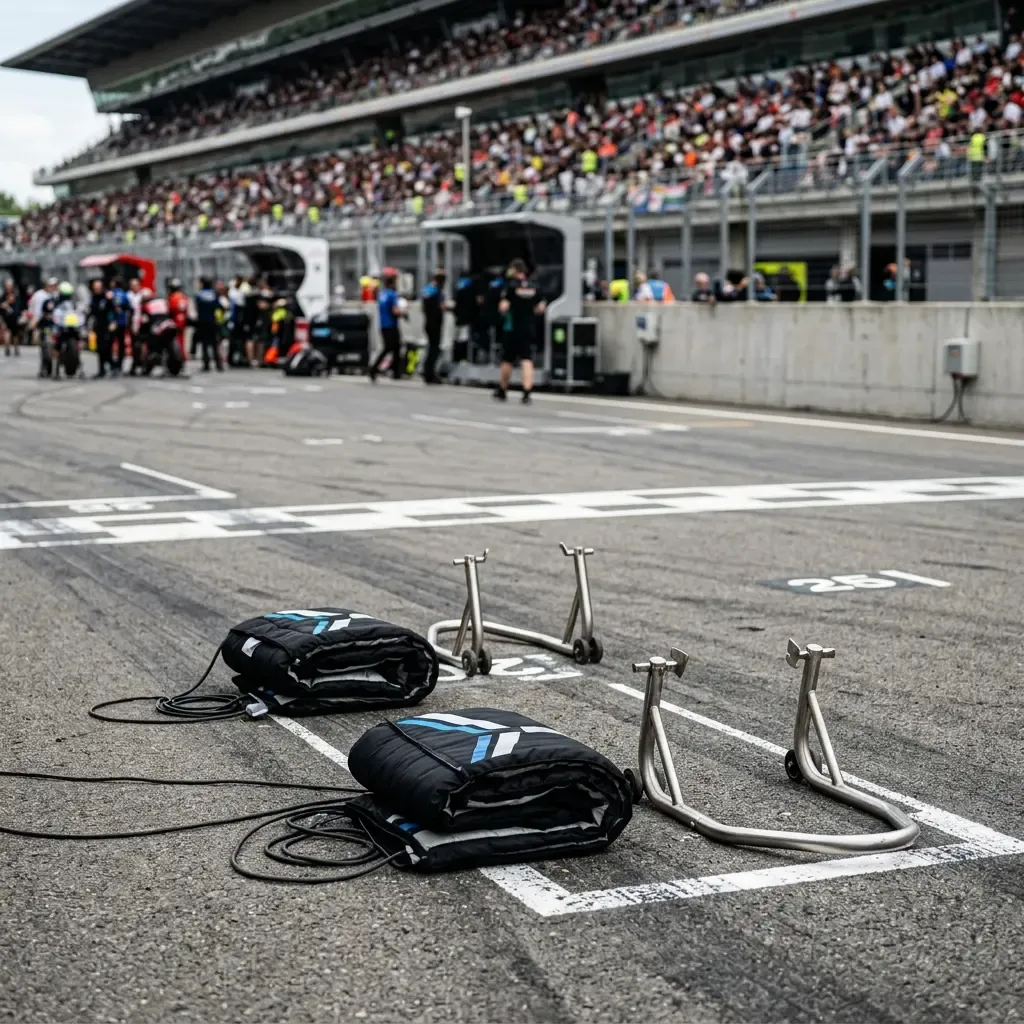 A wide shot from a high grandstand captures the moment the entire grid of MotoGP bikes pulls away for the warm-up lap. M