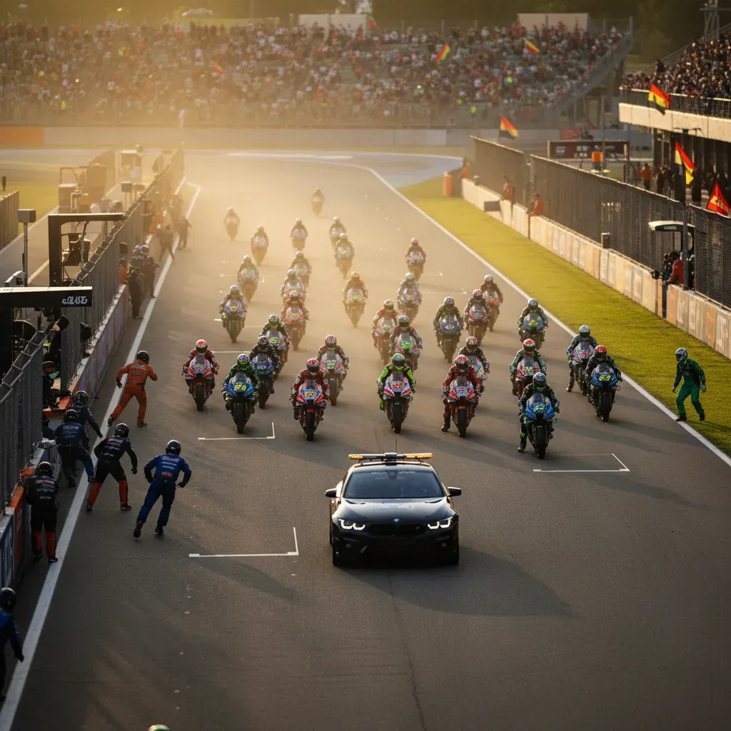A wide shot from a high grandstand captures the moment the entire grid of MotoGP bikes pulls away for the warm-up lap. M