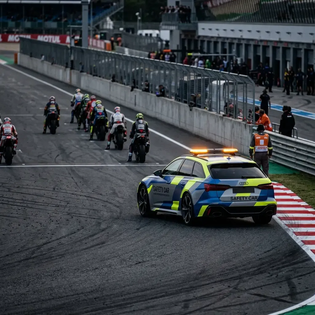 An atmospheric shot capturing the intense moment after the warm-up lap, as the bikes are perfectly realigned on the star