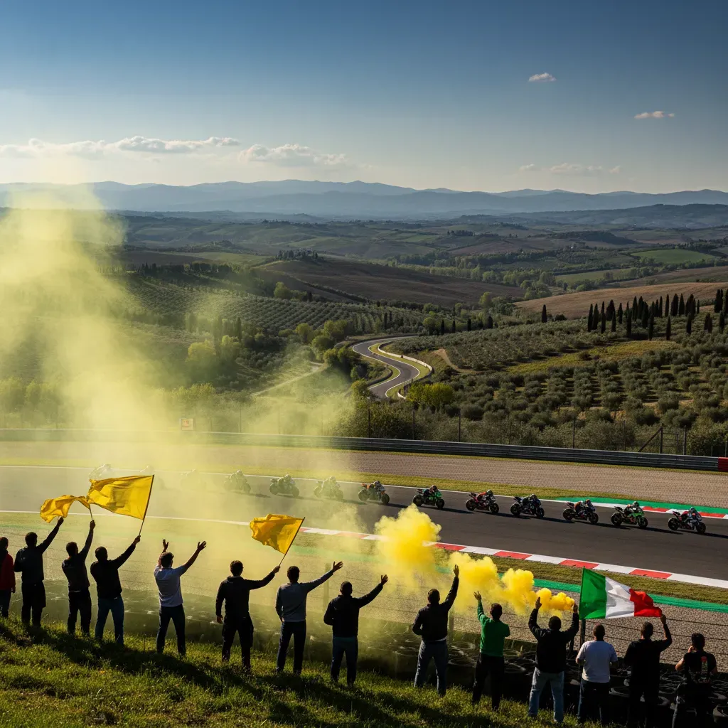 A wide, atmospheric shot from a grassy hillside overlooking the Mugello circuit. In the foreground, the silhouettes of p
