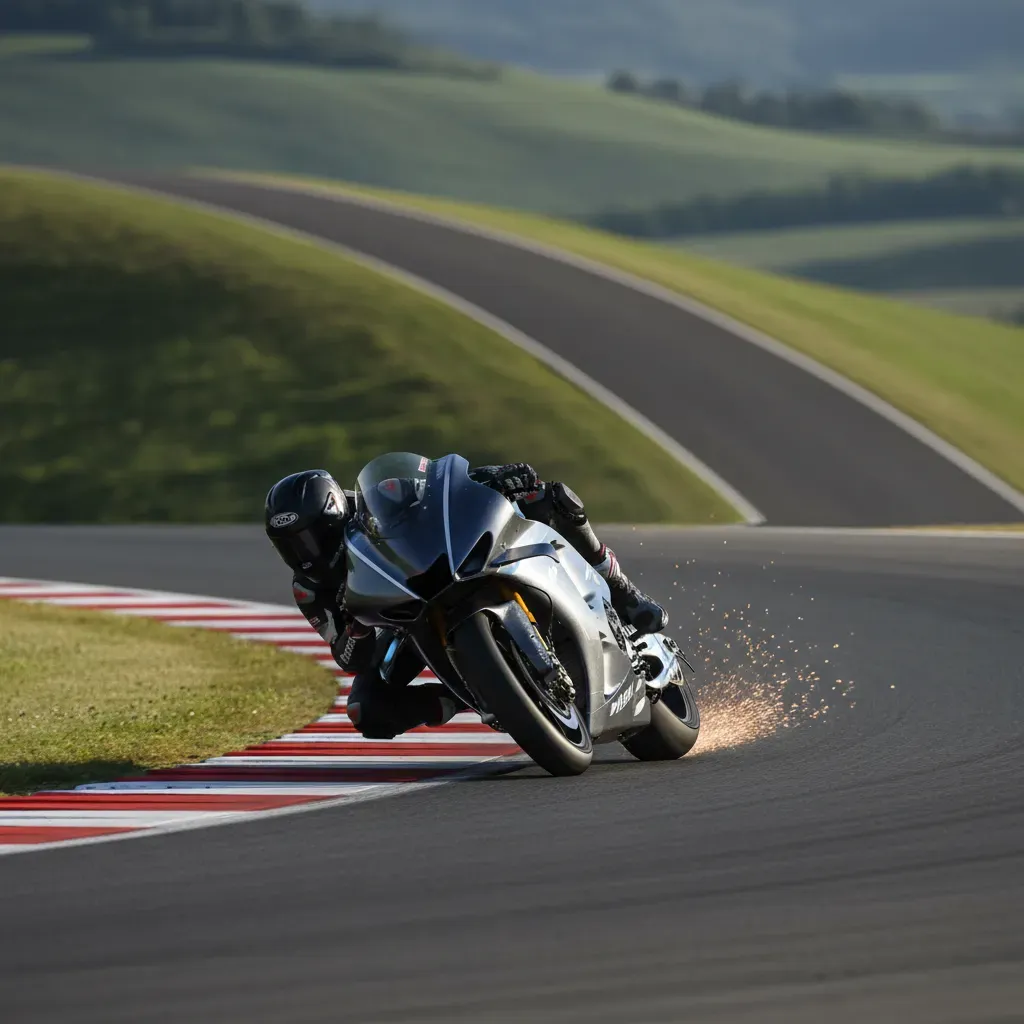 A tight, dynamic shot of a MotoGP-style bike leaned at an impossible angle through the sweeping Arrabbiata 2 corner at M