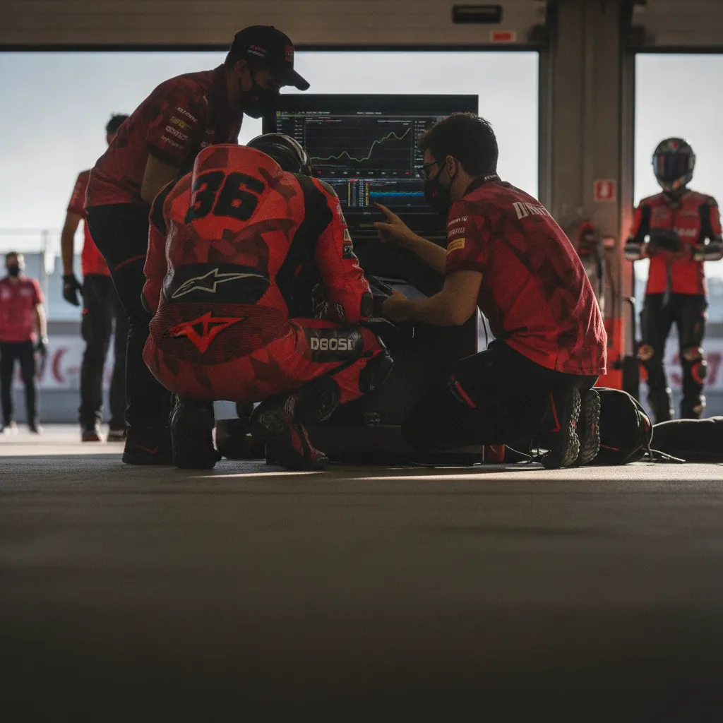 A MotoGP development rider analysing data with engineers in the team's pit garage.