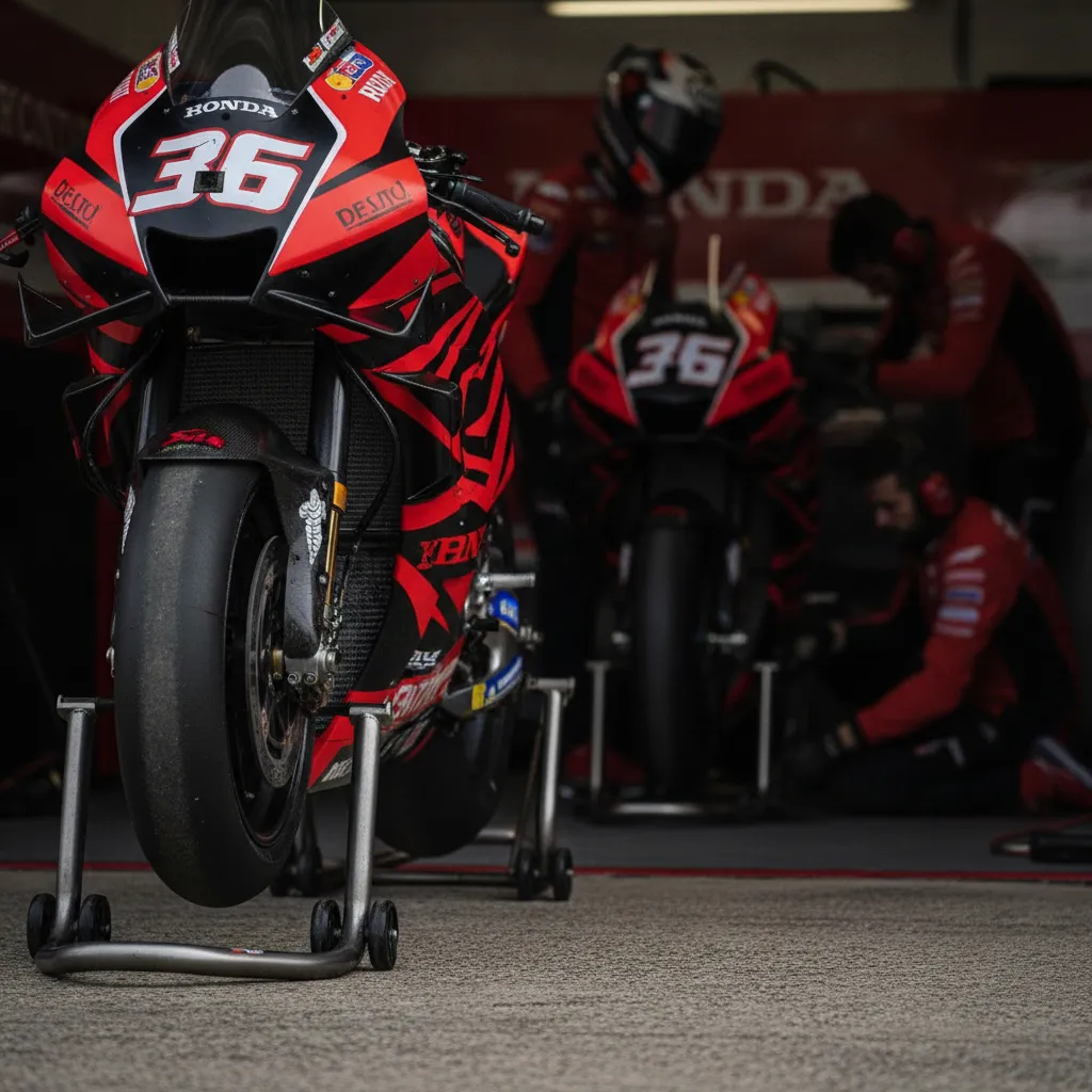 A close-up of the factory Honda HRC Castrol bike being prepared by mechanics in the pit lane garage.