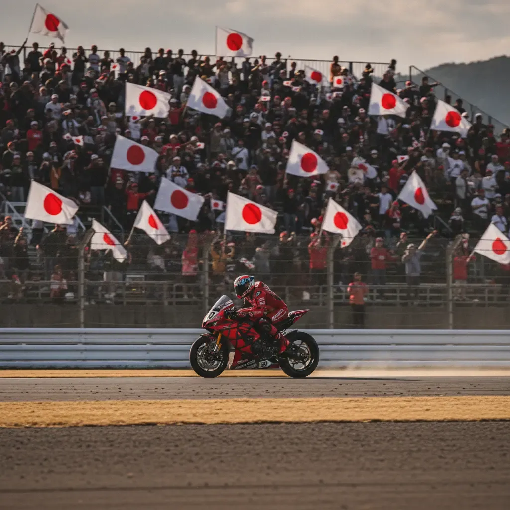 A crowd of enthusiastic Japanese fans wave flags in the grandstand at the Motegi circuit.