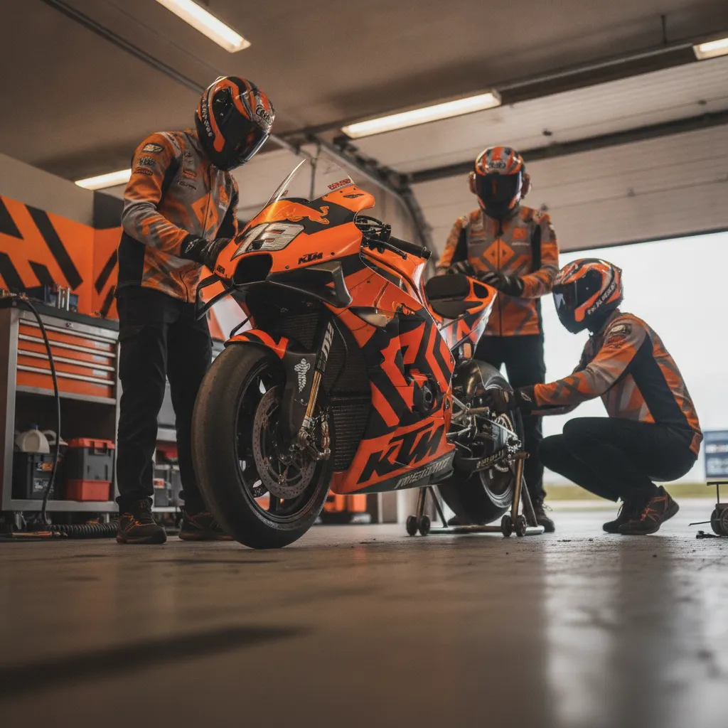 The Red Bull KTM Factory Racing team preparing one of their bikes in the pit garage ahead of their home race.
