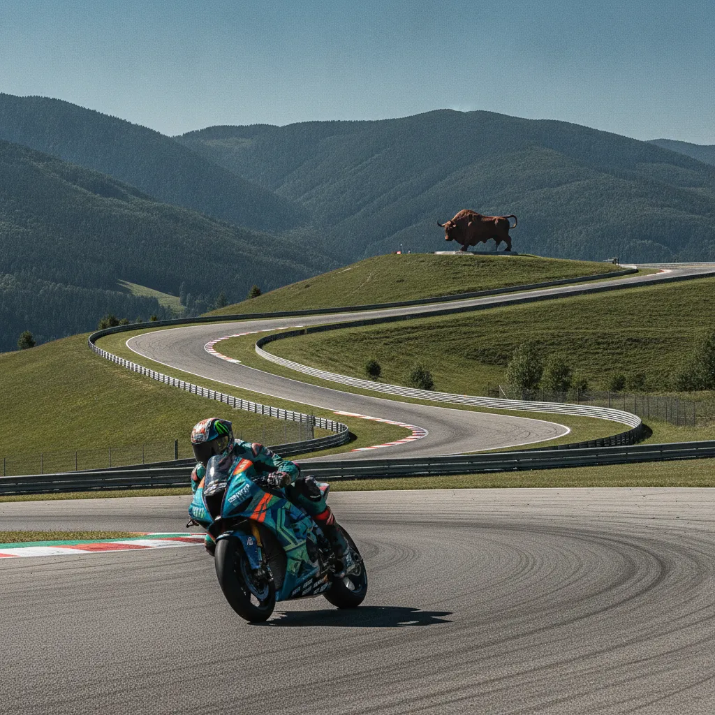 A panoramic view of the Red Bull Ring circuit in Spielberg, showing its picturesque setting in the Austrian mountains.