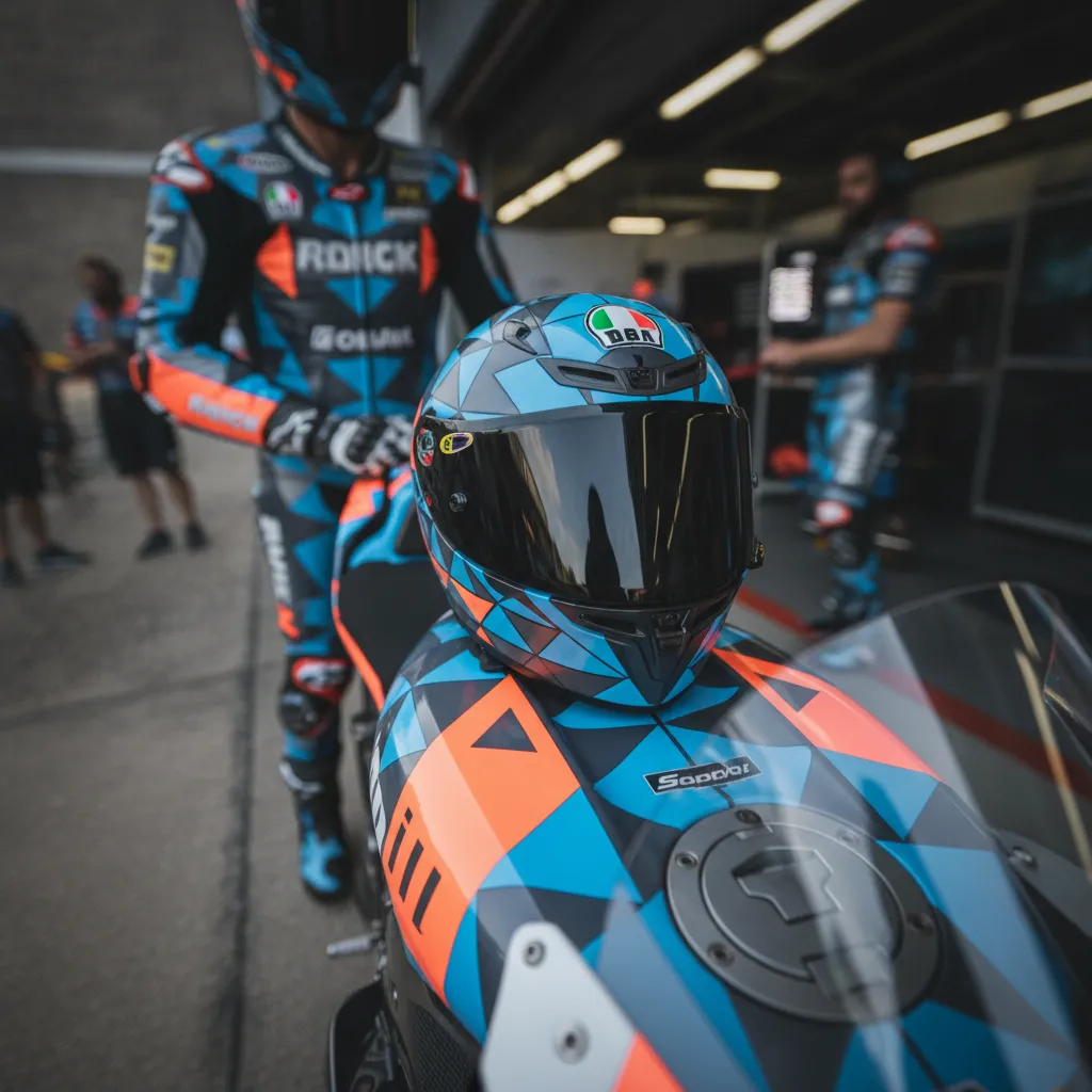 A rider's helmet sits on their motorcycle, reflecting the pit lane lights in its visor, symbolising the intense focus required in a close championship fight.