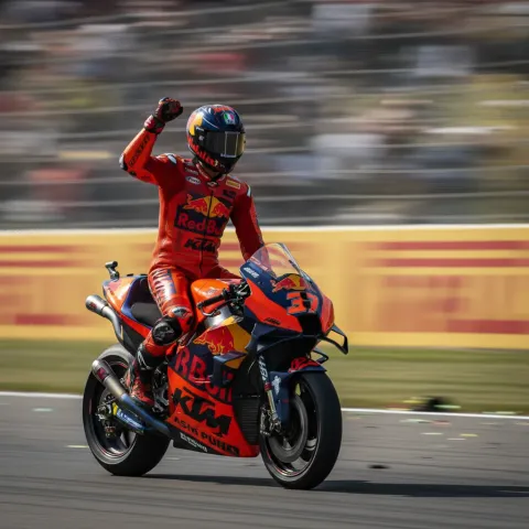 Pedro Acosta celebrates his maiden MotoGP victory at the Austrian Grand Prix.