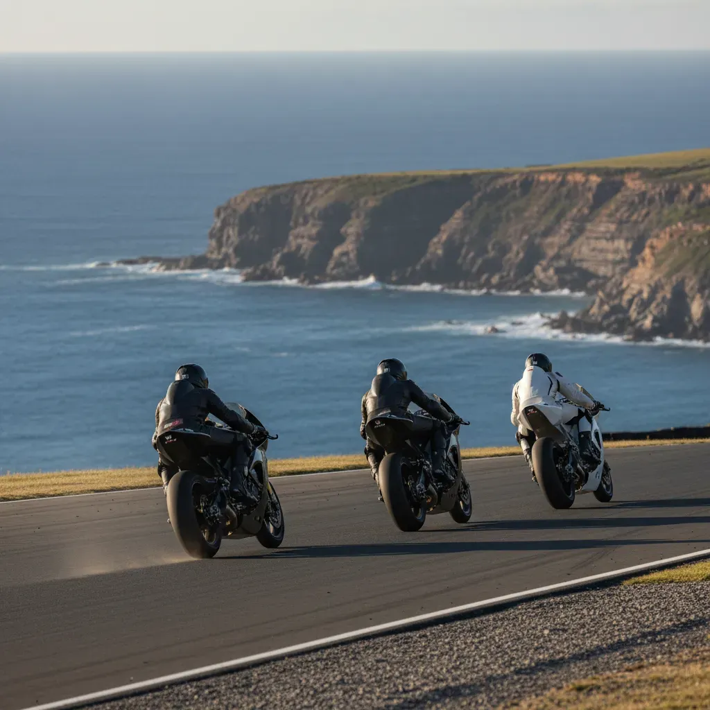 A wide, cinematic shot from behind a group of prototype race bikes as they crest Lukey Heights at Phillip Island. The va