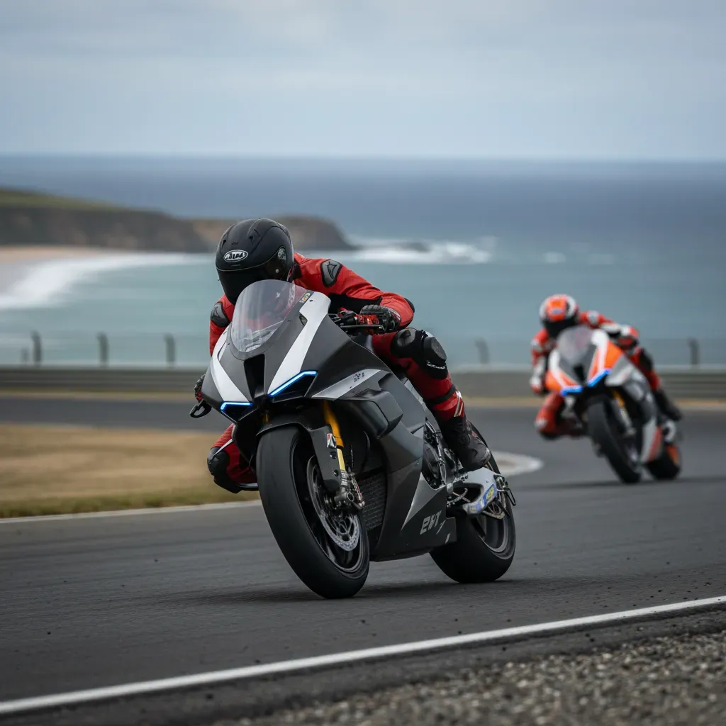 A detailed, tight action shot focusing on a MotoGP bike diving into the downhill Siberia corner at Phillip Island. The f