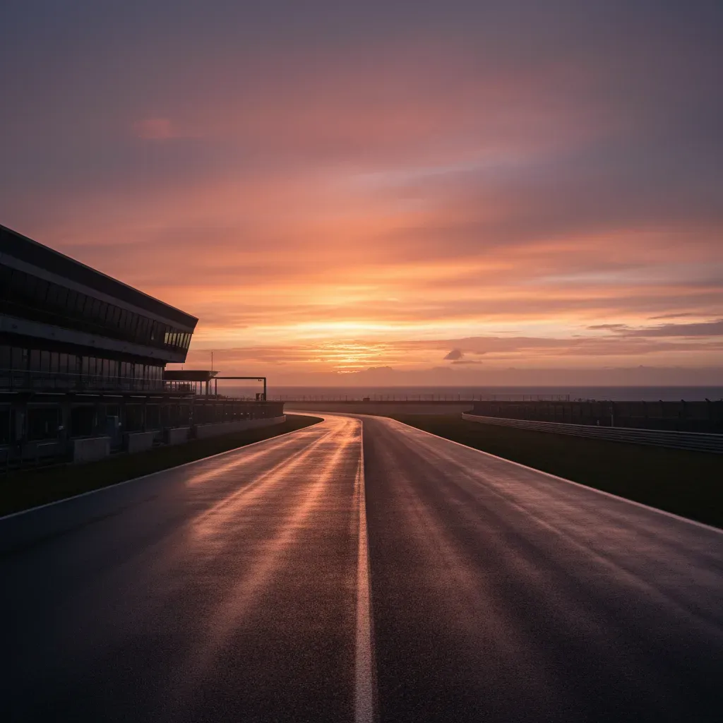 An atmospheric, peaceful shot of the empty Phillip Island circuit at sunset. The camera looks down the Gardner Straight 