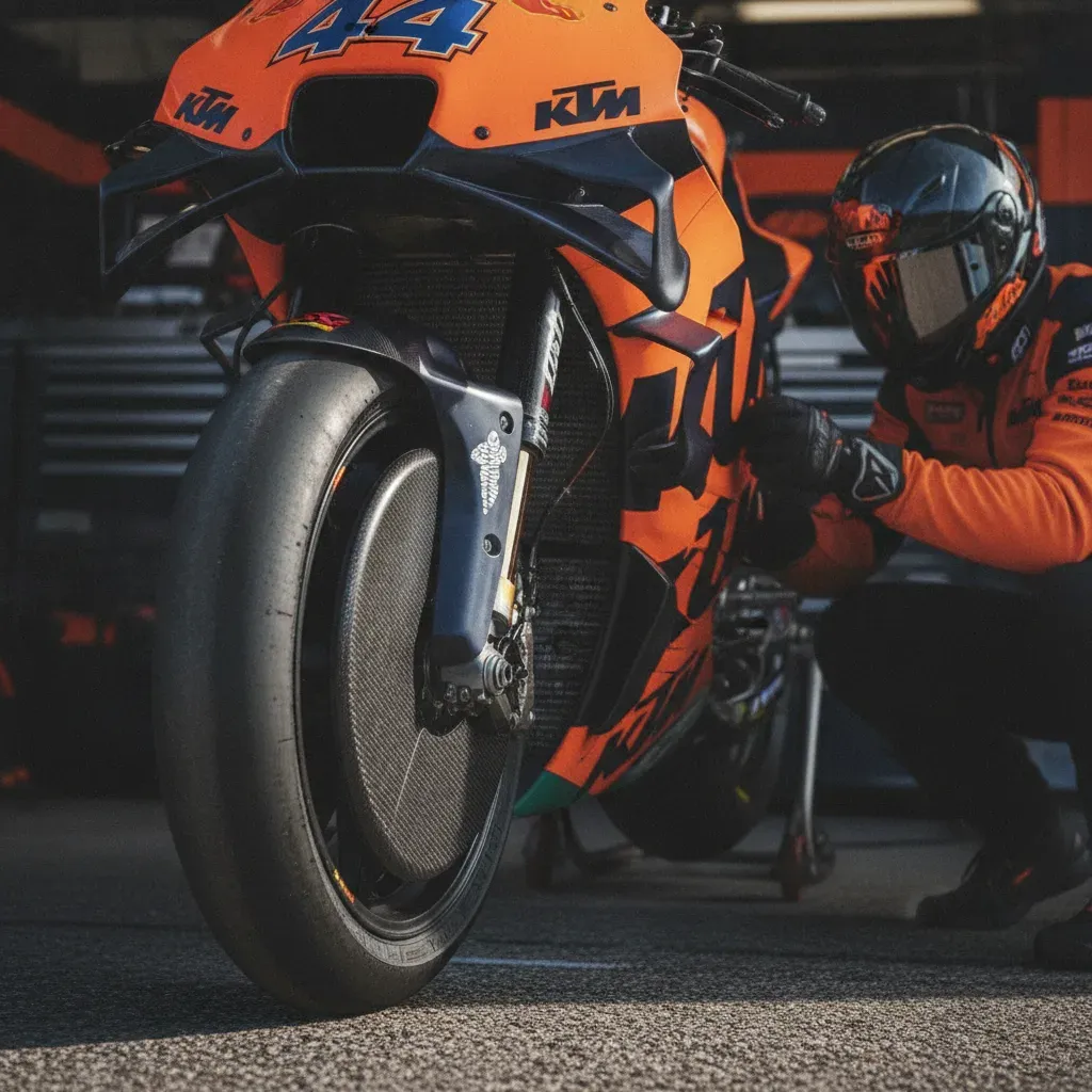 A close-up view of the intricate aerodynamic wings on the front of a KTM RC16 MotoGP bike in the garage.