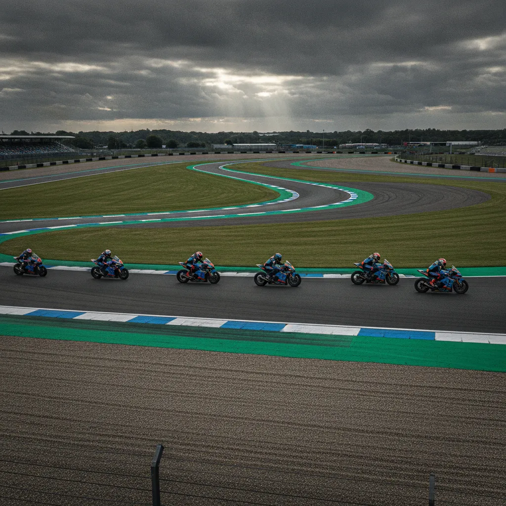 A wide view of the fast and flowing Silverstone circuit, home of the British Grand Prix.