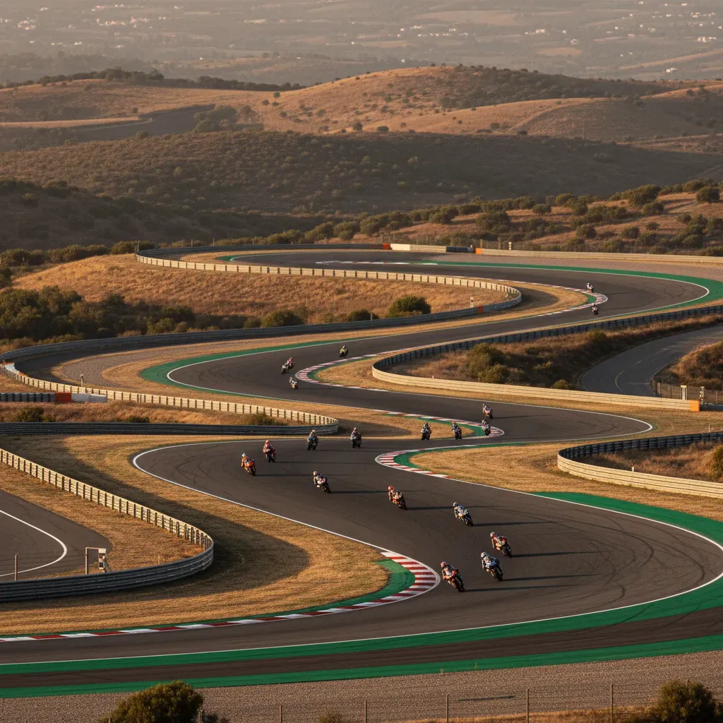 A wide, photorealistic shot from a high vantage point overlooking the Portimão circuit, capturing several anonymous raci