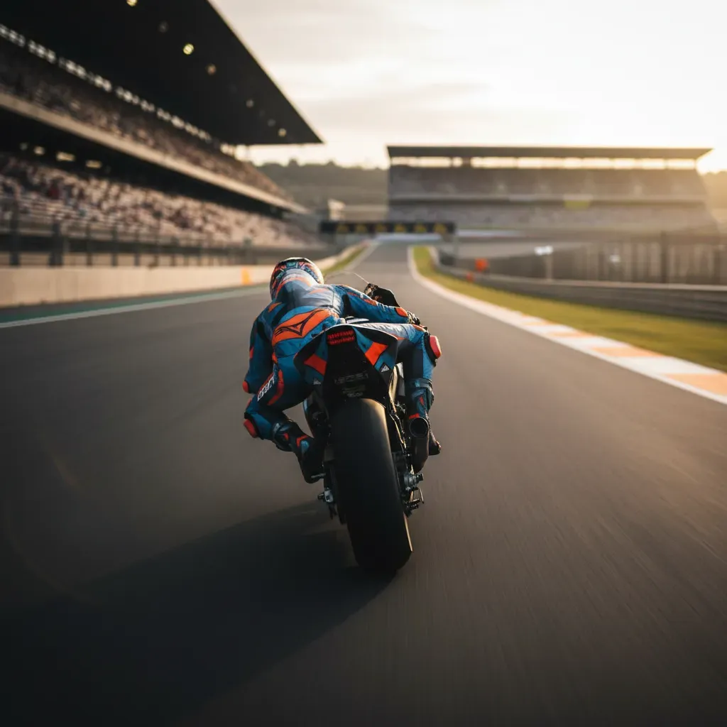 A dynamic action shot from behind a racing motorcycle exiting Portimão's final fast right-hand corner. The rider is lean