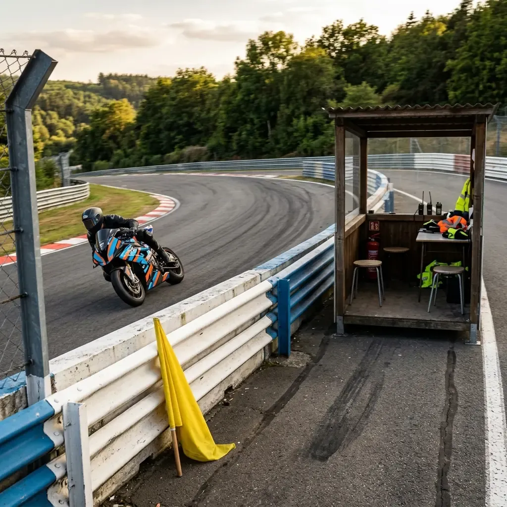 An atmospheric, tranquil scene of the empty Portimão track at sunset. The low sun paints the undulating tarmac in hues o