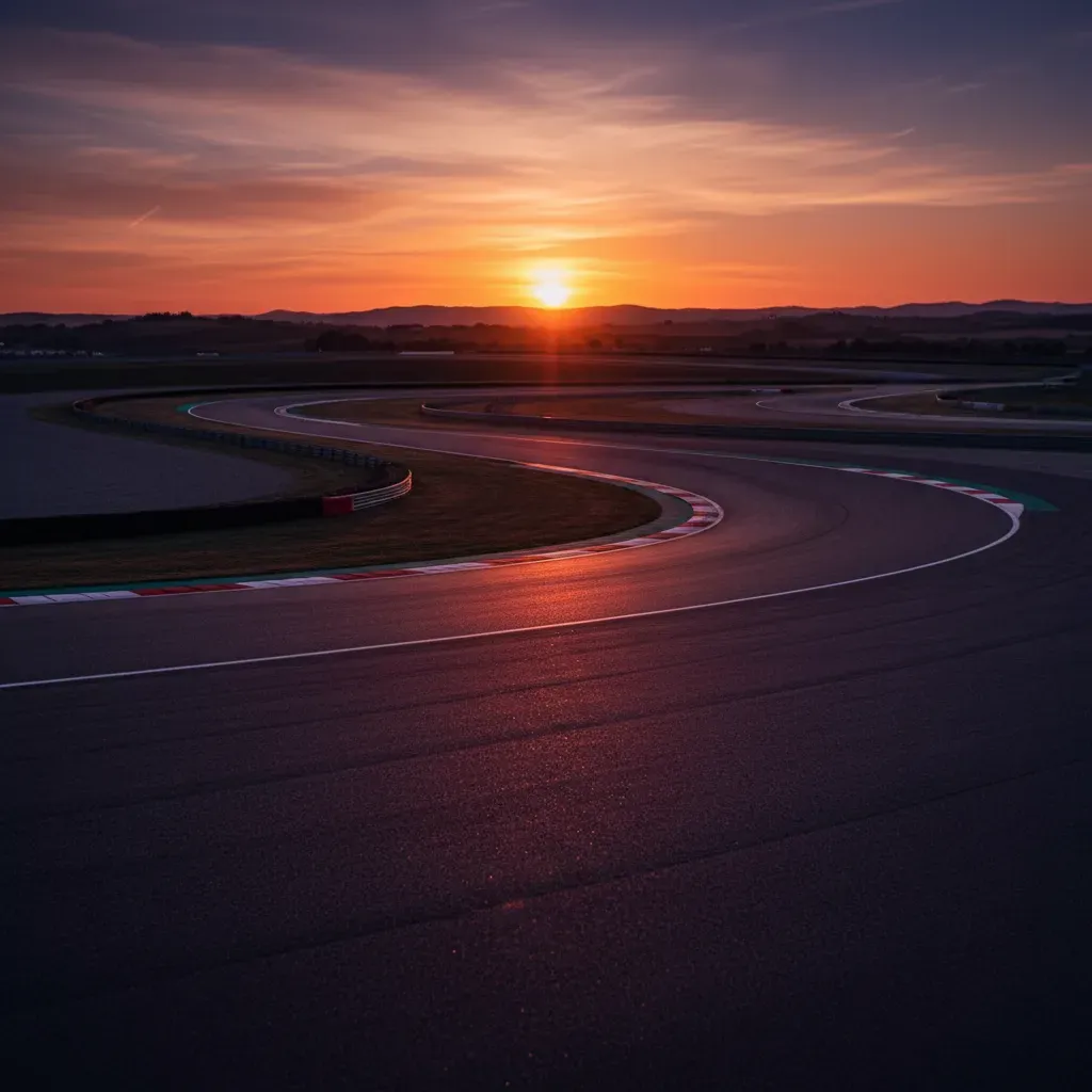 An atmospheric, tranquil scene of the empty Portimão track at sunset. The low sun paints the undulating tarmac in hues o