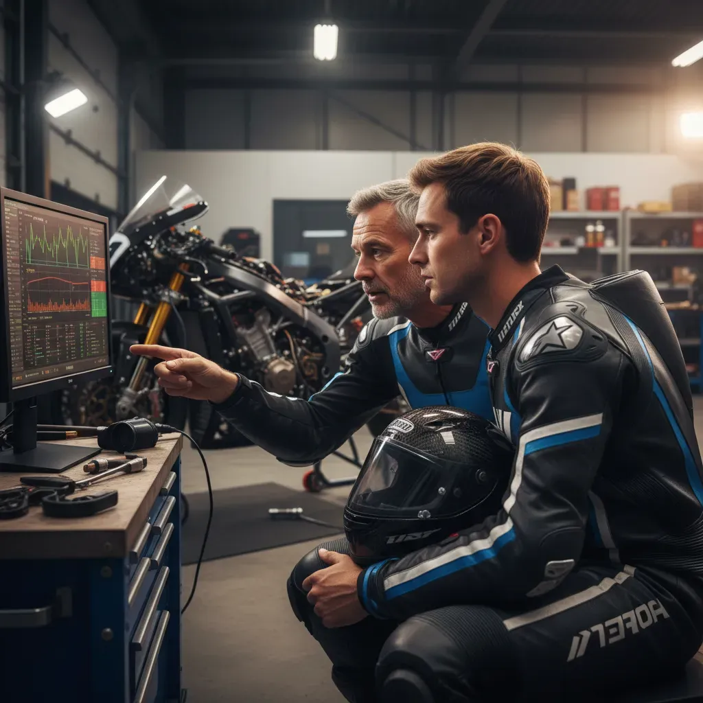 Inside a brightly lit garage, two anonymous riders in unbranded team gear are in deep discussion. The more experienced r