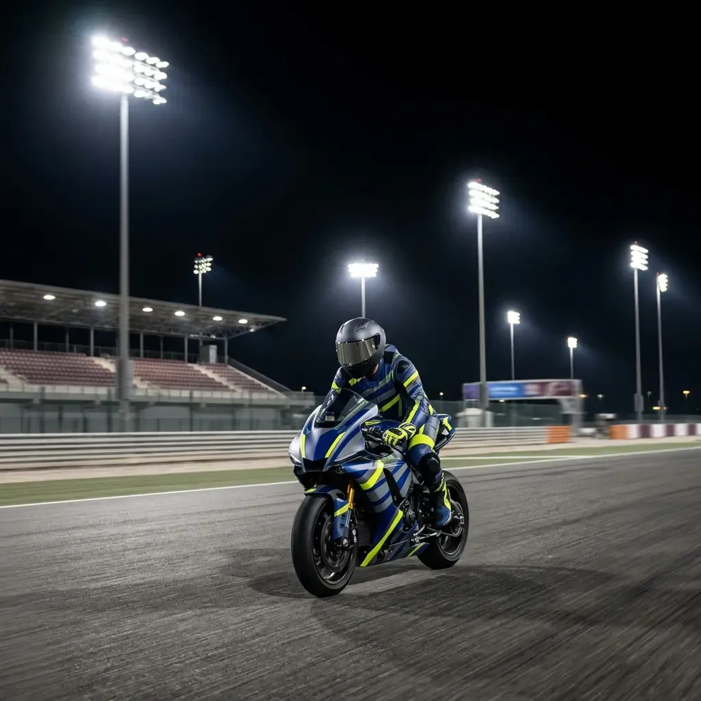 A breathtaking wide-angle panoramic view of the entire Lusail International Circuit at night, fully illuminated by its p