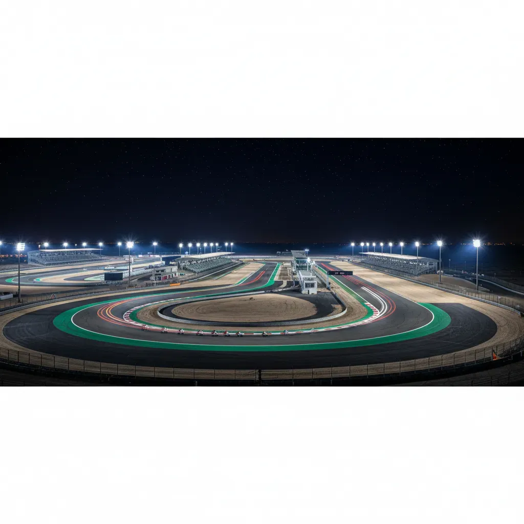 A breathtaking wide-angle panoramic view of the entire Lusail International Circuit at night, fully illuminated by its p