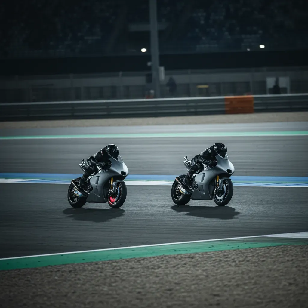 A dynamic action shot from track level, showing two anonymous MotoGP bikes leaned over in perfect synchronisation throug