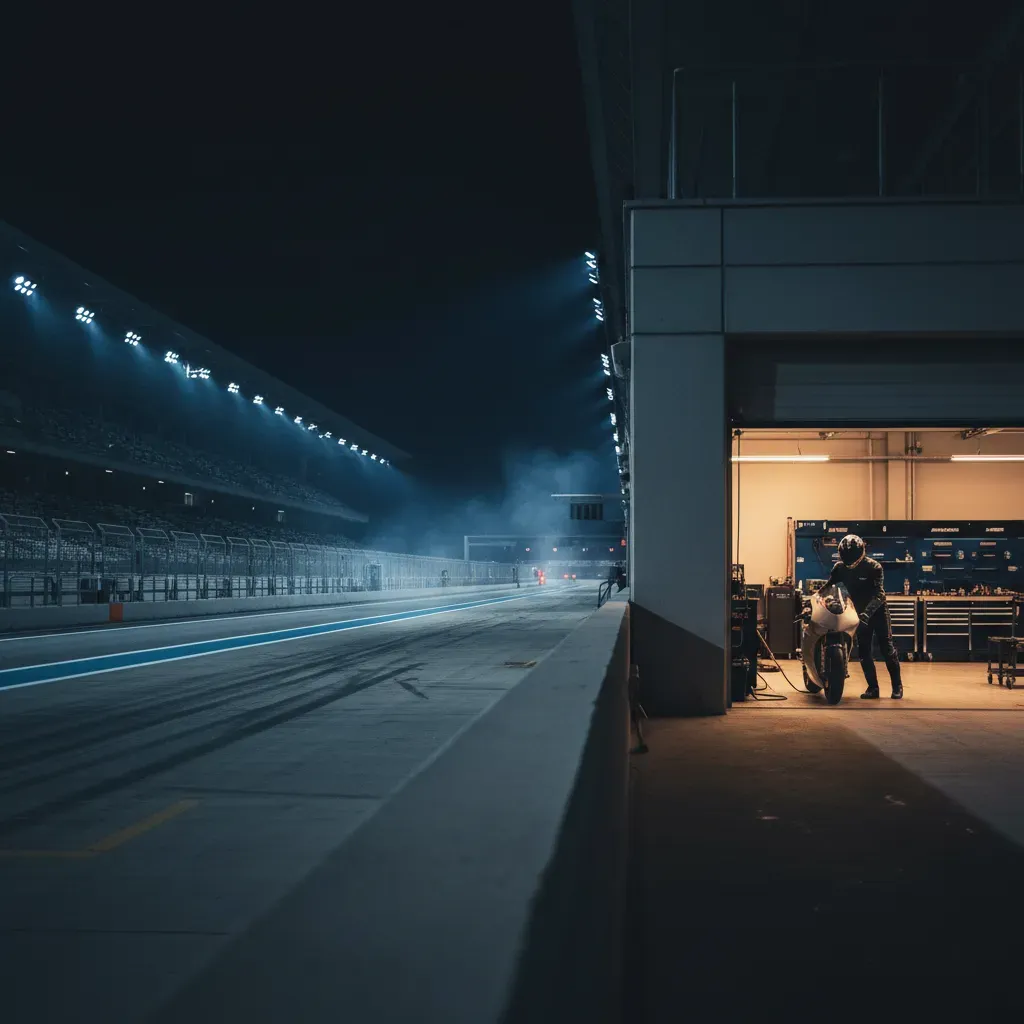 A quiet, atmospheric shot from behind the pit wall looking down the main straight at Lusail after a session. A single, u