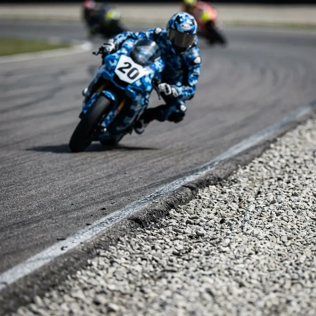Illustration for our Indonesian GP practice report: the transition between asphalt run-off and trackside gravel.