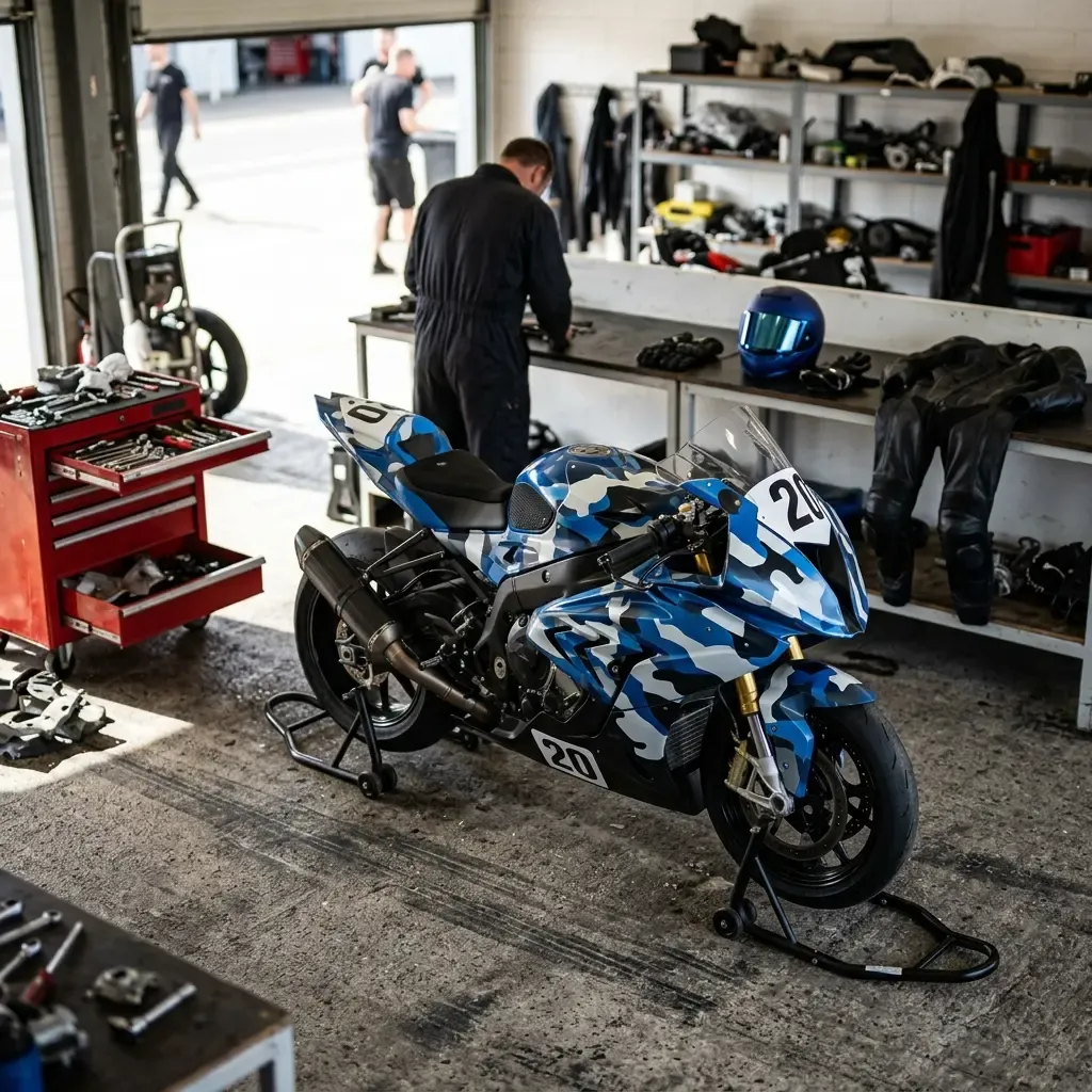 Illustration for our Indonesian GP practice report: a racing motorcycle stationary inside the pit garage.