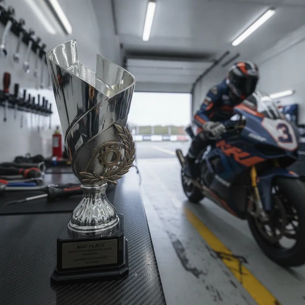 A third-place MotoGP trophy sits on a bench inside the team's pit garage.
